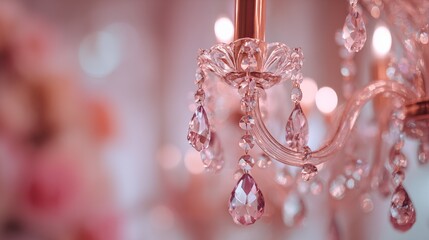Elegant crystal chandelier with pink light reflections, luxury interior detail