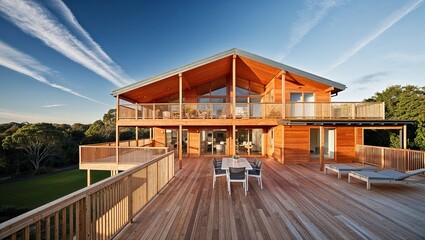 Obraz premium A modern wooden house exudes style and openness amidst nature.