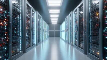 Vast futuristic server room with glowing blue and orange lights illuminating rows of data racks, representing digital infrastructure and innovation