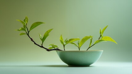 Green plant branch with fresh leaves in ceramic bowl on gradient background