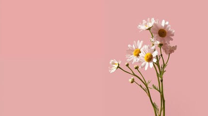 Chamomile flowers with green stems on soft pink background