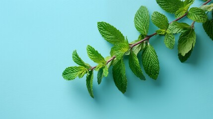 Fresh mint branch with green leaves on bright blue background