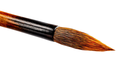 Close-up of a paintbrush tip.  Fine detail of the brush's pointed, reddish-brown bristles against a dark background.  Darkened wooden or synthetic handle