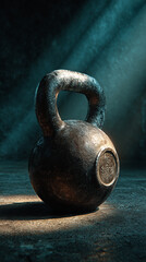 Obraz premium Solidny, stary kettlebell na podłodze siłowni, oświetlony mocnym światłem. Widoczne są zarysowania, rdzawa faktura i masywna konstrukcja.