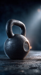 Fototapeta premium Duży, żeliwny kettlebell w zbliżeniu na tle ciemnej siłowni, oświetlony mocnym światłem. Widoczne są detale i zarysowana faktura.