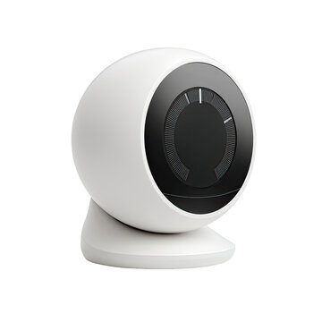 Spherical, white smart thermostat with a dark circular dial