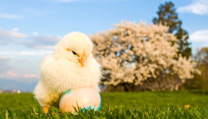 A fluffy chick sits on grass holding a pastel egg.  Spring scene