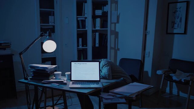 Professional exhausted worker experiencing burnout, struggling with headache while working late, slumped over laptop and scattered documents