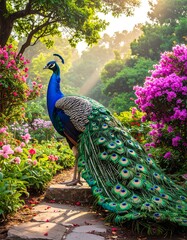 A peacock, resplendent in a garden filled with vibrant flowers, bathed in morning sunlight, showcases its magnificent plumage.
