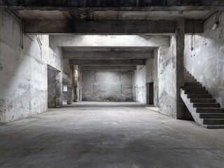 Obraz premium Vast Abandoned Factory Interior: Gray Concrete Floor and Aged Walls