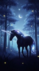 Enchanted night unicorn in mystical forest under crescent moon and starry sky