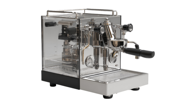 Transparent coffee machine with brushed metal accents.  Compact, modern design