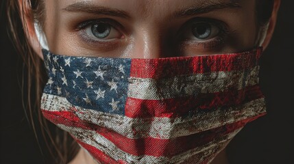Fearful Girl in Medical Mask Featuring USA Flag During Pandemic, Quarantine and Virus Prevention