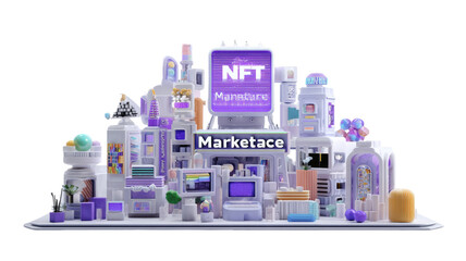 Pastel-toned 3D city of NFT marketplace