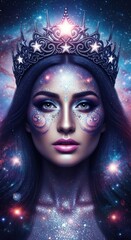 Galactic queen with celestial makeup and crown in mystical space-themed portrait