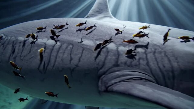 Pilot fish navigating alongside sharks, removing parasites, receiving protection within complex marine symbiosis