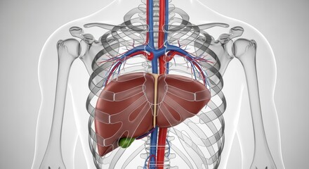 Detailed human anatomy showing liver placement with vascular system