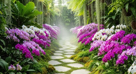 Enchanting stone pathway in tropical garden with vibrant purple and white orchids amidst lush greenery