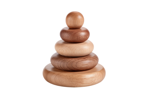 Stacked wooden discs, a natural tone, form a pyramid