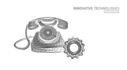 Vintage phone gear illustration. Retro telephone mechanism lowpoly design. Communication technology business concept. Wireframe style white background vector