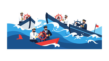 Naval Illustration: A group of disciplined, skilled, and experienced naval officers navigating ships, braving the rough sea and navigating turbulent waters