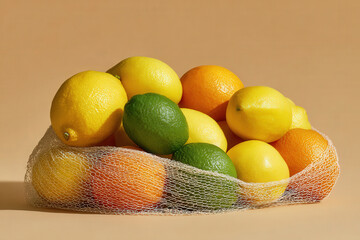 carefully arranged net bag filled with ultrabright citrus fruits such as lemons oranges and limes on clean