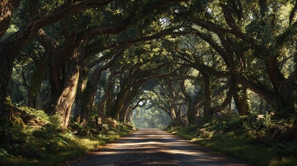 Fototapeta premium Sunlit path through a towering oak forest