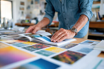 Director reviews printed magazine in creative workspace filled with colorful layouts and designs