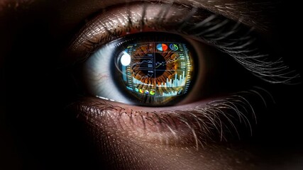 Close up of eye with financial charts and diagrams reflecting in it, concept of data vision and artificial intelligence footage. - Powered by Adobe