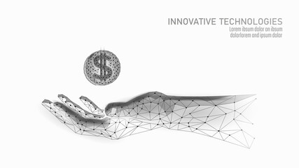 Hand holding dollar coin polygon concept. Digital money wealth income low poly style. Finance investment banking business economy illustration. Geometric design gray white background vector