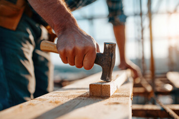 Carpenter hammering wood at sunset