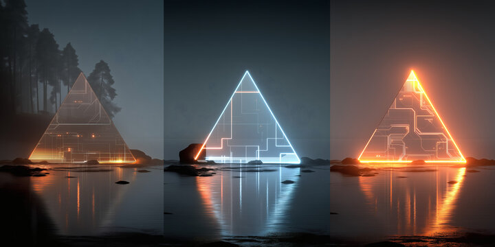 Neon circuit pyramids reflecting on water in foggy landscape, triptych abstract sci-fi background