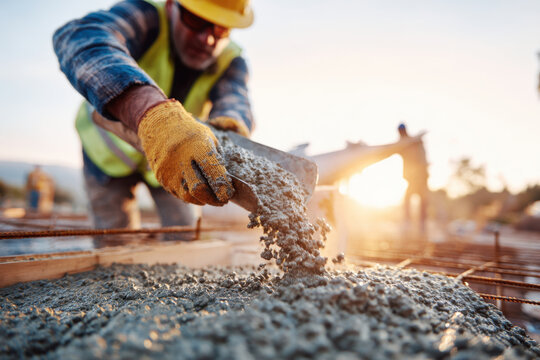 Construction workers pouring concrete at a construction site during sunset - Powered by Adobe
