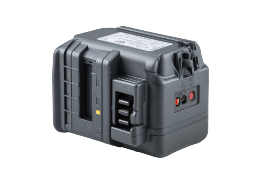 Dark gray rectangular battery pack with connectors