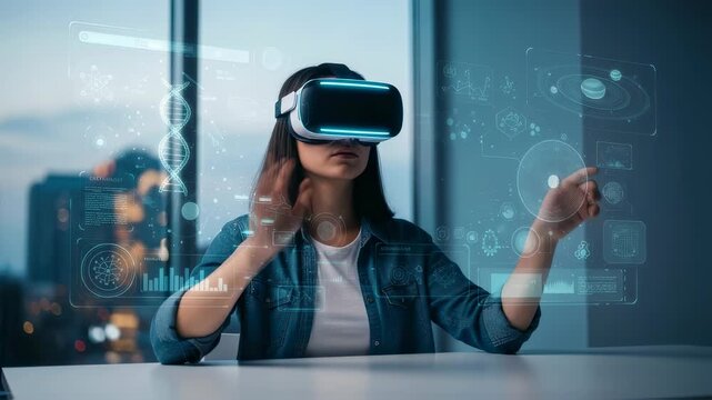 Woman wearing VR headset interacting with virtual reality interface, innovative technology for scientific research and analysis footage. - Powered by Adobe