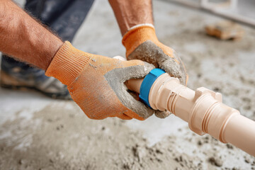 Pipe fitting process in construction site with hands securing joint assembly