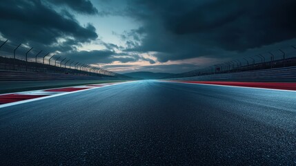Obraz premium Empty racing track at dusk under a cloudy sky.