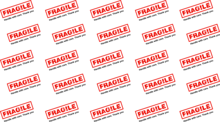 Fragile tape seamless pattern. Cut out. Patterned background. Fragile packaging concept.  Fragile, handle with care. Sustainable packaging. Warning label. Transportation sticker design. PNG