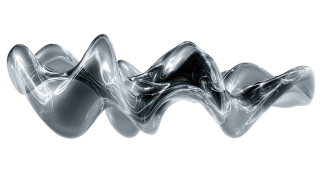 Abstract, flowing form of smoke or liquid, gradated gray and black, undulating and twisting, against a pure black background