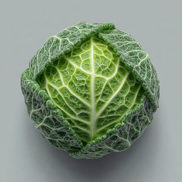 green cabbage, spherical shape, green color palette, 3d render, on a grey background, isometric view, high resolution, hyperrealistic, highly detailed