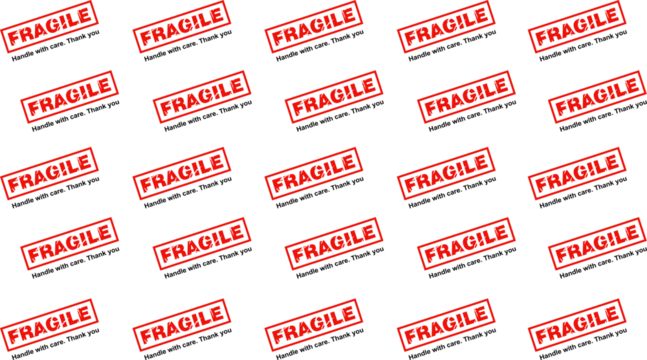 Fragile tape seamless pattern. Cut out. Patterned background. Fragile packaging concept.  Fragile, handle with care. Sustainable packaging. Warning label. Transportation sticker design. PNG
