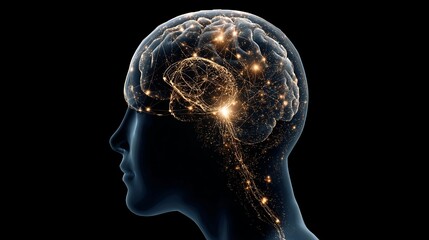 Dynamic neural network glows within human head silhouette, symbolizing thought, intelligence, and complex connections in a striking visual.
