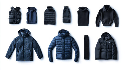 Dark blue hooded down jacket paired with a black sweater, isolated on white background, part of a set of seven clothing items
