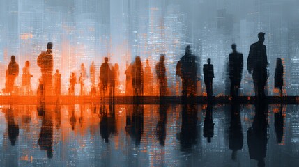 Dynamic urban crowd blurs with city skyline, reflecting ambition and modern business energy in a vibrant abstract composition.