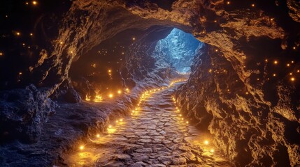 Pathway within a dark cave illuminated by glowing lights.