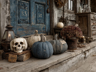 Przytulny i tajemniczy ganek z dyniami w różnych odcieniach oraz lampką, na której stoi ludzka czaszka, tworzący klimat Halloween.
