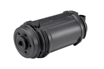 Dark gray cylindrical component with ribbed sections.  Features a circular base and  a small, central, threaded opening