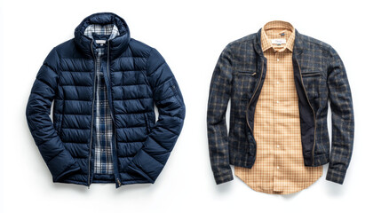Dark blue men’s down jacket paired with beige shirt, isolated on white background, part of an eight-item casual wear set.
