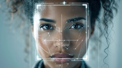 A woman with a square face is being scanned by a machine. Concept of technology and modernity, as well as a feeling of being watched or monitored. The woman's facial features are captured and analyzed - Powered by Adobe