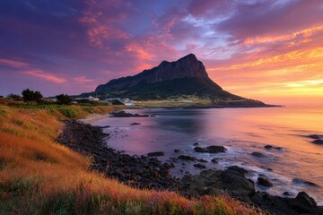 Breathtaking Sunrise Over Seongsan Ilchulbong Peak, Jeju Island, South Korea - A Stunning Coastal Landscape